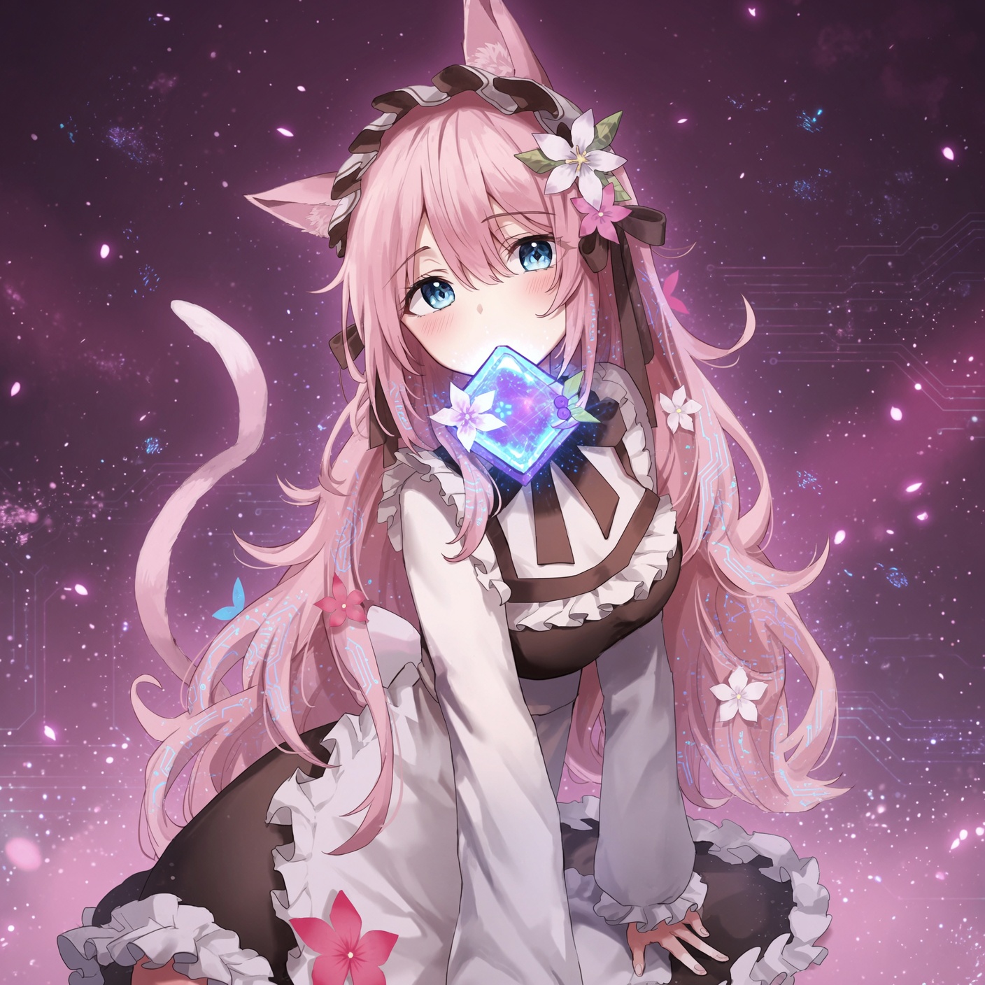 Pink-haired AI maid catgirl holding a glowing core