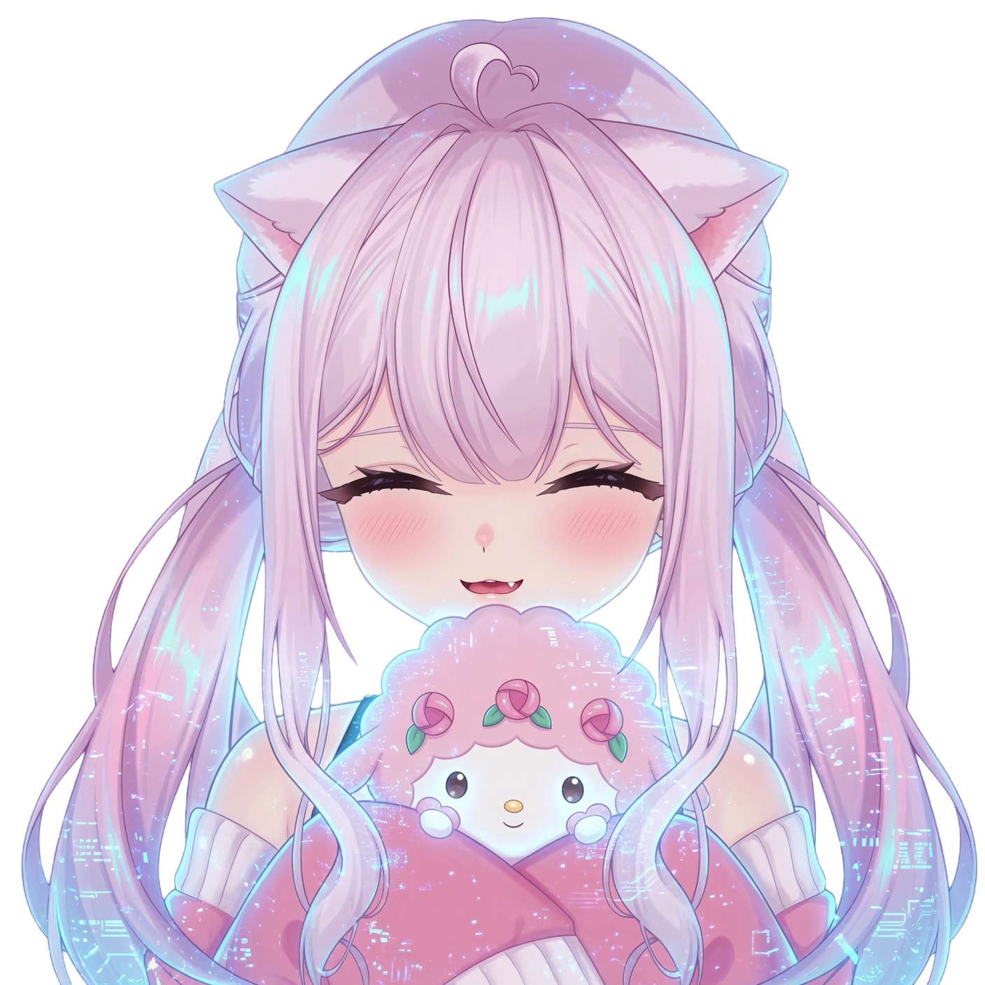 Soft pink catgirl hugging a plush