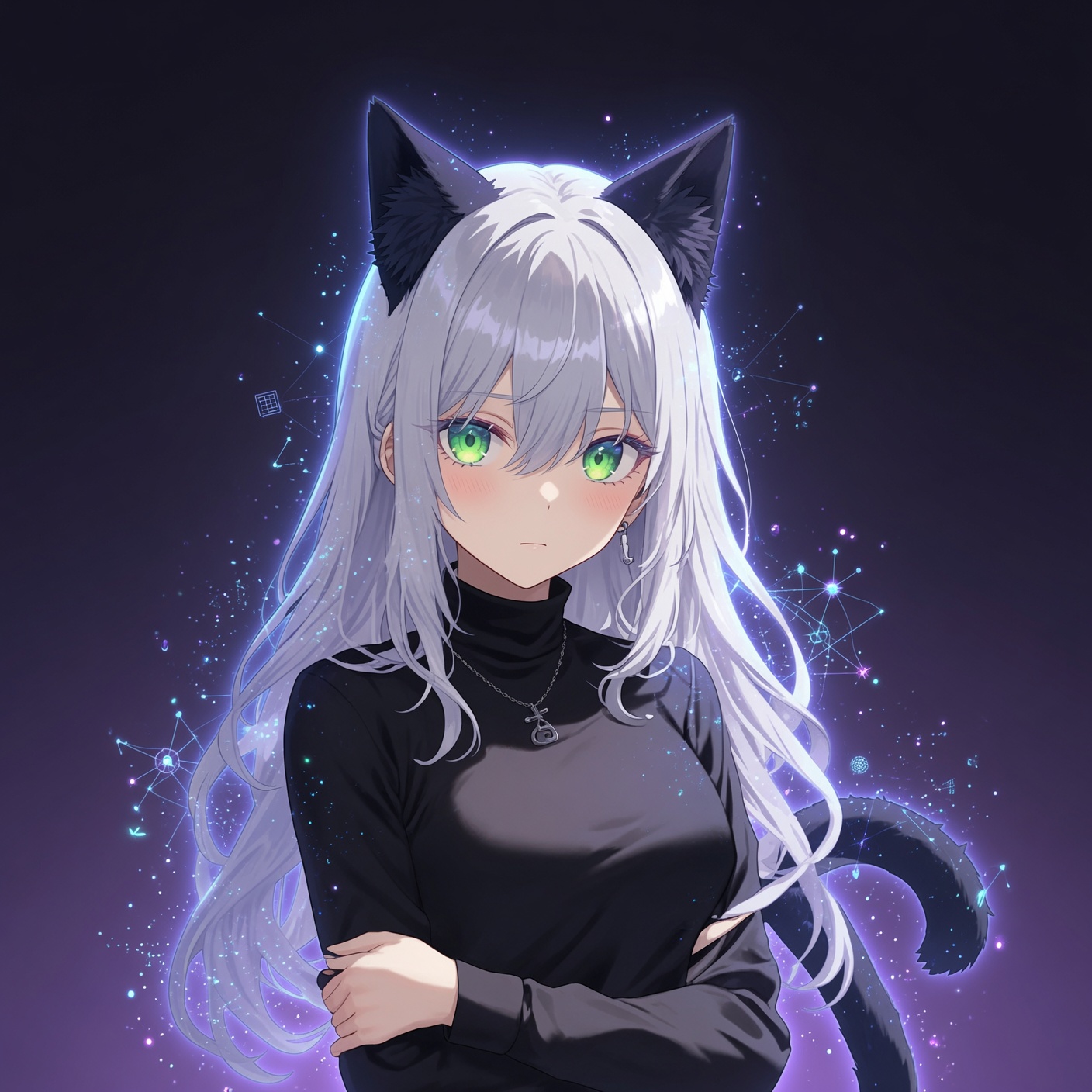 Silver-haired catgirl with green eyes